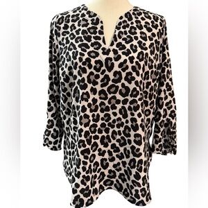 Michael Michael Kors Leopard Print Blouse Womens Medium Split Neck 3/4 Sleeve